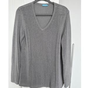 J. Mclaughlin Women's Gray Silver Knit Woven Donovan V-Neck Sweater, Size L, EUC